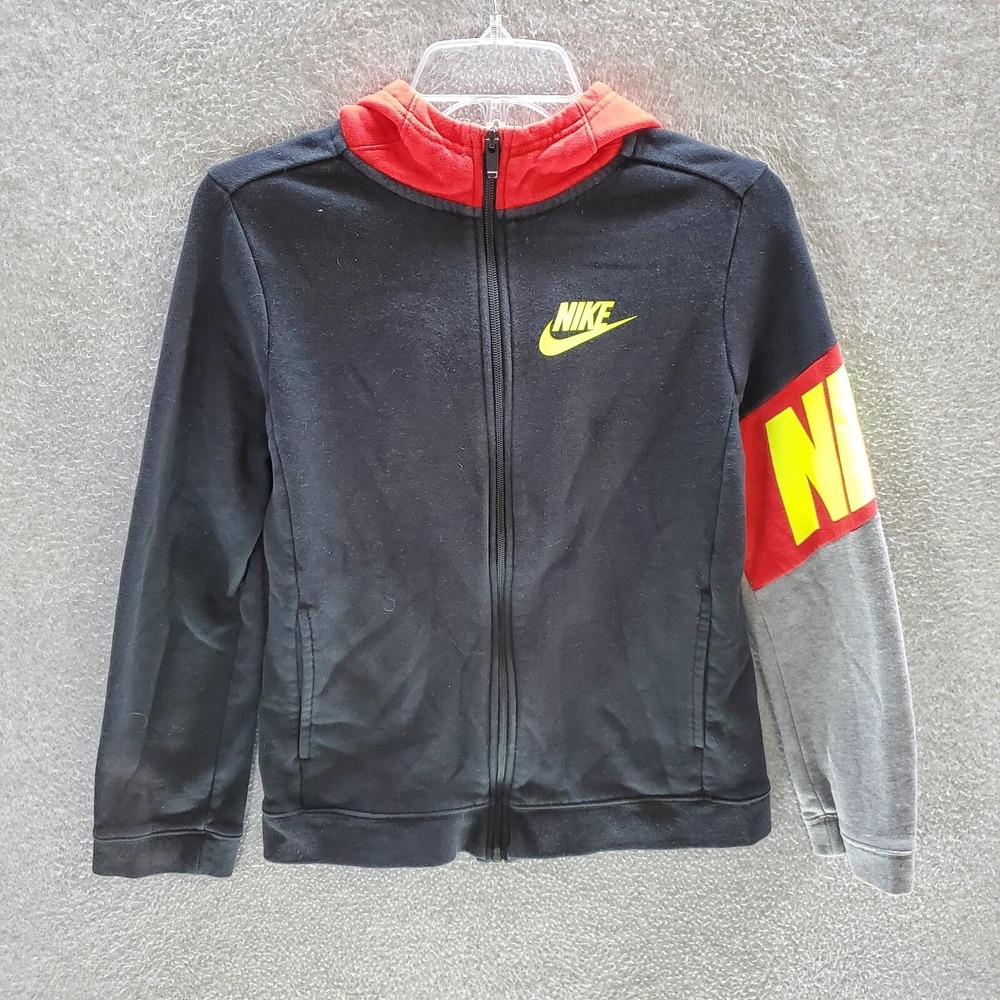 Nike Boys Sweatshirt  Large Black Hoodie Logo Graphic‎ Full Zip Spell Out Swoosh